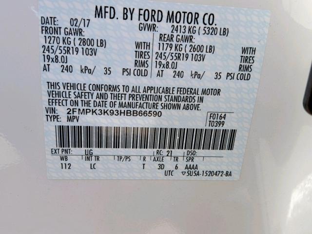 2FMPK3K93HBB66590 - 2017 FORD EDGE TITAN WHITE photo 10