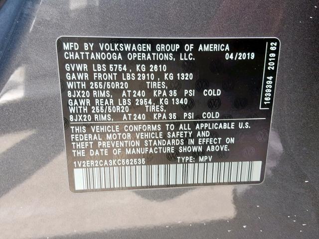 1V2ER2CA3KC562535 - 2019 VOLKSWAGEN ATLAS SEL Boz foto 10