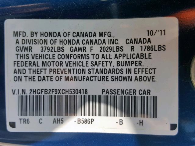 2HGFB2F9XCH530418 - 2012 HONDA CIVIC EXL BLUE photo 10