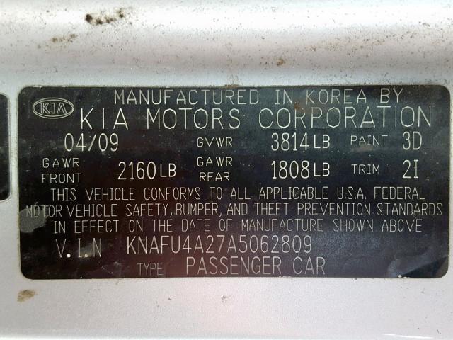 KNAFU4A27A5062809 - 2010 KIA FORTE EX SILVER photo 10