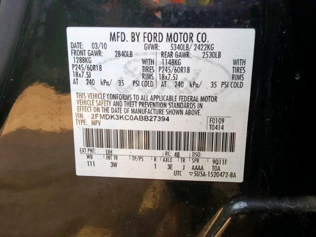 2FMDK3KC0ABB27394 - 2010 FORD EDGE LIMIT BLACK photo 10