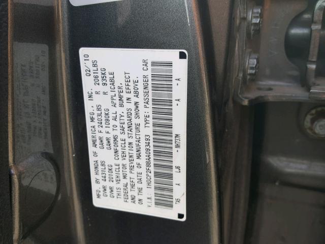 1HGCP2F88AA093493 - 2010 HONDA ACCORD EXL GRAY photo 10