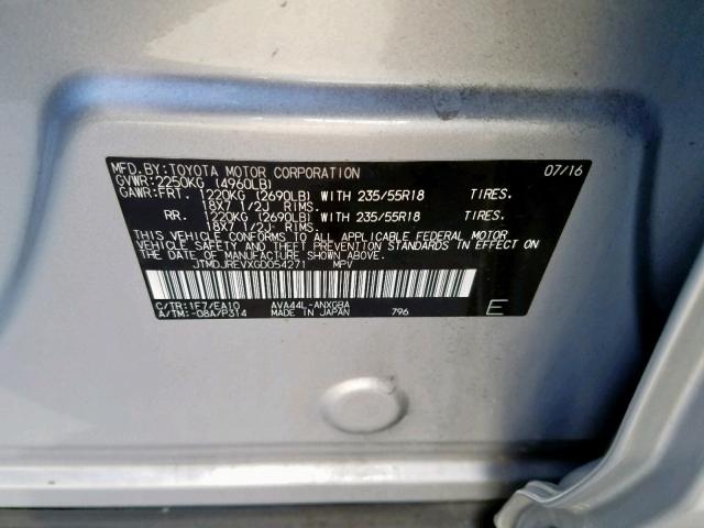 JTMDJREVXGD054271 - 2016 TOYOTA RAV4 HV LI SILVER photo 10