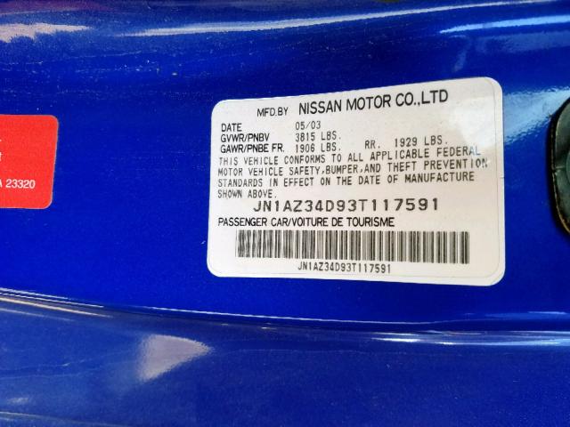 JN1AZ34D93T117591 - 2003 NISSAN 350Z COUPE BLUE photo 10