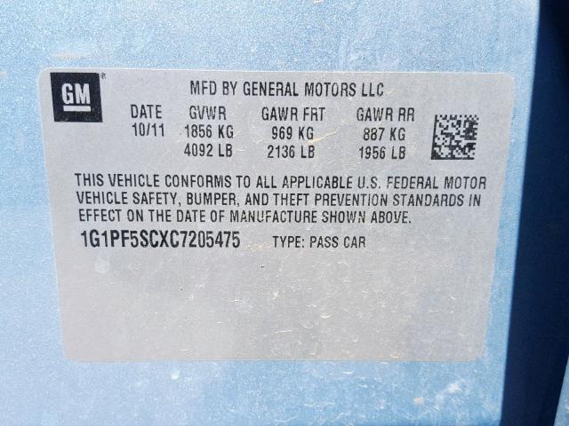 1G1PF5SCXC7205475 - 2012 CHEVROLET CRUZE LT BLUE photo 10