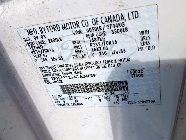 2FTRF17254CA04689 - 2004 FORD F-150 HERI WHITE photo 10