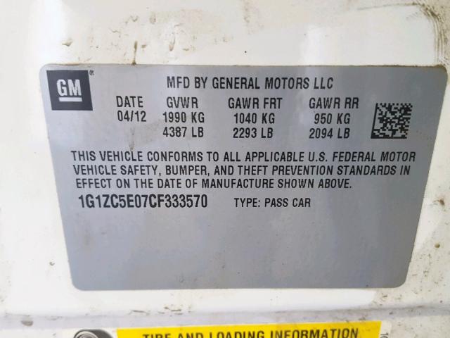 1G1ZC5E07CF333570 - 2012 CHEVROLET MALIBU 1LT 白色 照片 10