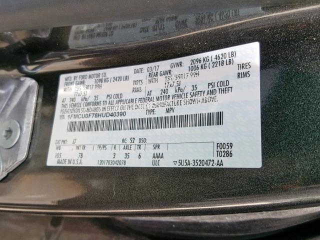 1FMCU0F78HUD40390 - 2017 FORD ESCAPE S CHARCOAL photo 10