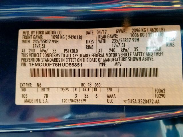 1FMCU0F76HUD86851 - 2017 FORD ESCAPE S BLUE photo 10