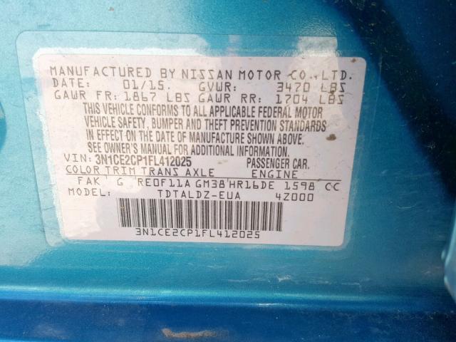 3N1CE2CP1FL412025 - 2015 NISSAN VERSA NOTE TEAL photo 10