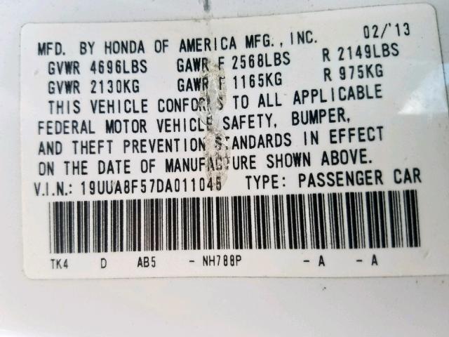 19UUA8F57DA011045 - 2013 ACURA TL TECH WHITE photo 10