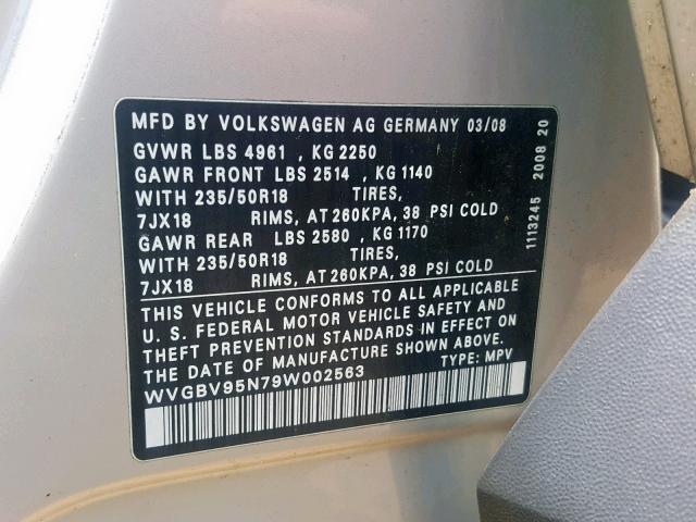 WVGBV95N79W002563 - 2009 VOLKSWAGEN TIGUAN SE SILVER photo 10