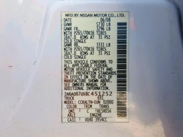 1N6AD07UX8C451252 - 2008 NISSAN FRONTIER C WHITE photo 10