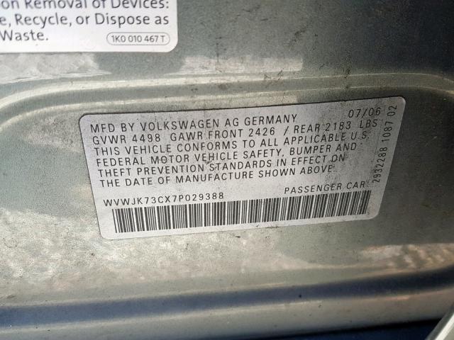 WVWJK73CX7P029388 - 2007 VOLKSWAGEN PASSAT GRAY photo 10