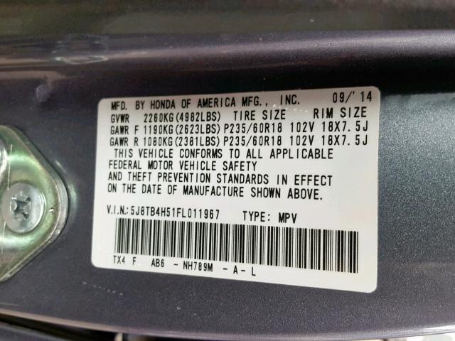 5J8TB4H51FL011967 - 2015 ACURA RDX TECHNO SILVER photo 10