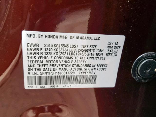 5FNYF5H18JB011729 - 2018 HONDA PILOT LX RED photo 10