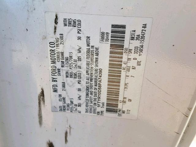 1FTYR10D58PA74390 - 2008 FORD RANGER WHITE photo 10