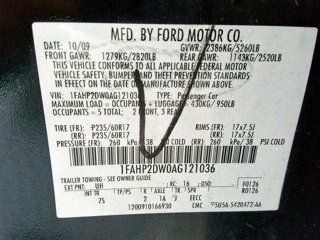 1FAHP2DW0AG121036 - 2010 FORD TAURUS SE BLACK photo 10