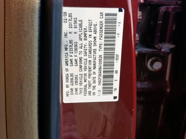 1HGCP26468A100626 - 2008 HONDA ACCORD LXP RED photo 10