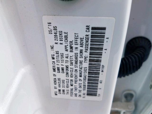 19UUB1F59GA013825 - 2016 ACURA TLX TECH WHITE photo 10