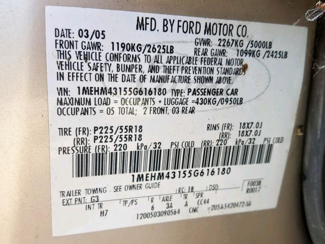 1MEHM43155G616180 - 2005 MERCURY MONTEGO PR GOLD photo 10