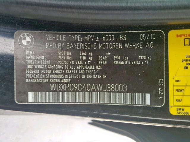 WBXPC9C40AWJ38003 - 2010 BMW X3 XDRIVE3 BLACK photo 10