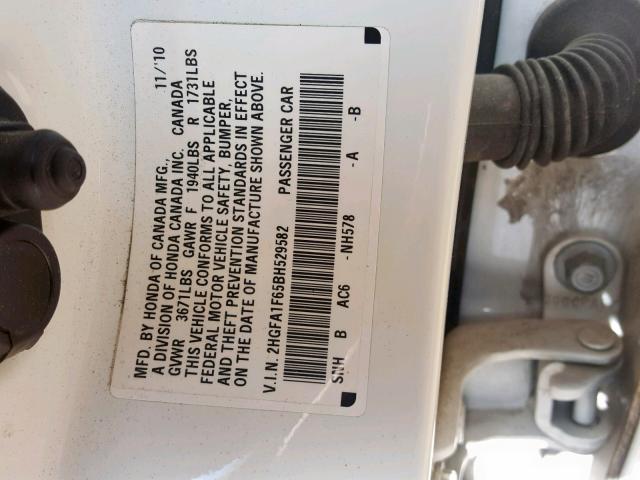 2HGFA1F65BH529582 - 2011 HONDA CIVIC LX-S Ağ foto 10