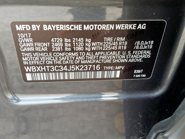 WBXHT3C34J5K23716 - 2018 BMW X1 XDRIVE2 GRAY photo 10
