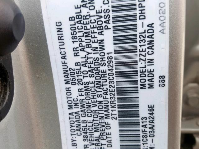 2T1KR32E23C042981 - 2003 TOYOTA MATRIX 银色 照片 10