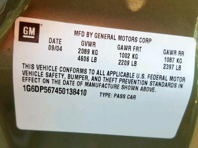 1G6DP567450138410 - 2005 CADILLAC CTS HI FEA GREEN photo 10