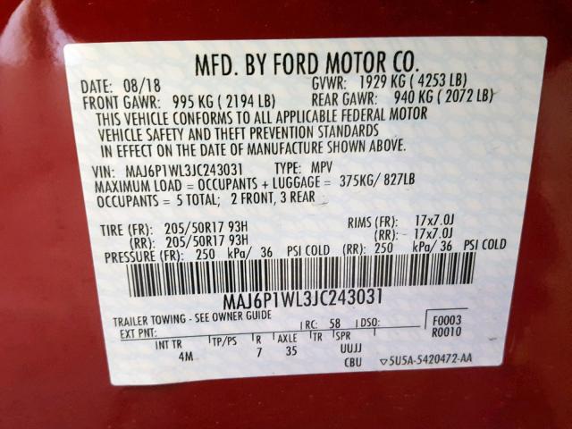 MAJ6P1WL3JC243031 - 2018 FORD ECOSPORT T RED photo 10