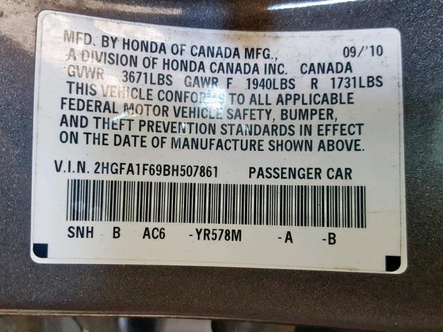 2HGFA1F69BH507861 - 2011 HONDA CIVIC LX-S Boz foto 10