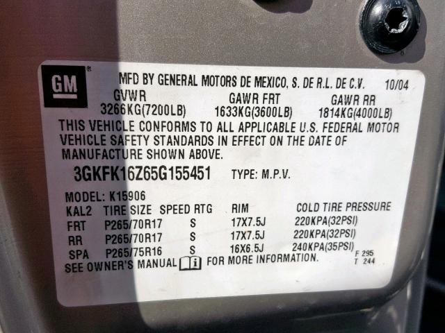 3GKFK16Z65G155451 - 2005 GMC YUKON XL K GRAY photo 10