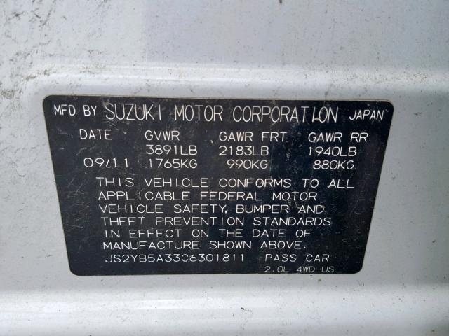 JS2YB5A33C6301811 - 2012 SUZUKI SX4 WHITE photo 10