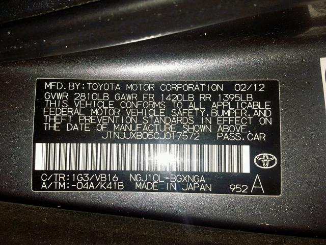 JTNJJXB05CJ017572 - 2012 TOYOTA SCION IQ GRAY photo 10