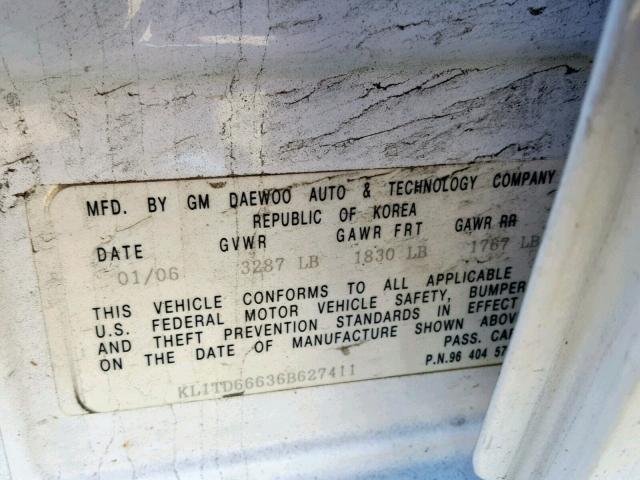 KL1TD66636B627411 - 2006 CHEVROLET AVEO BASE Ağ foto 10