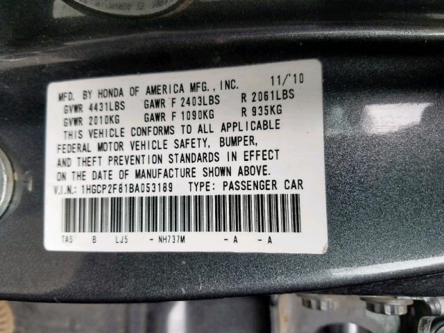 1HGCP2F81BA053189 - 2011 HONDA ACCORD EXL GRAY photo 10