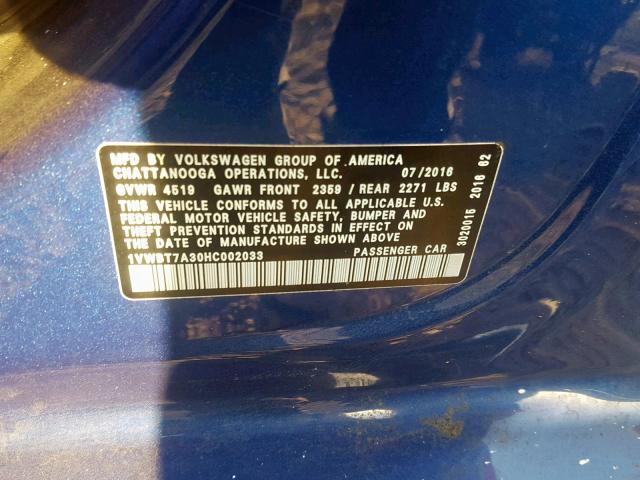 1VWBT7A30HC002033 - 2017 VOLKSWAGEN PASSAT SE BLUE photo 10