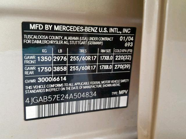 4JGAB57E24A504834 - 2004 MERCEDES-BENZ ML 350 GOLD photo 10