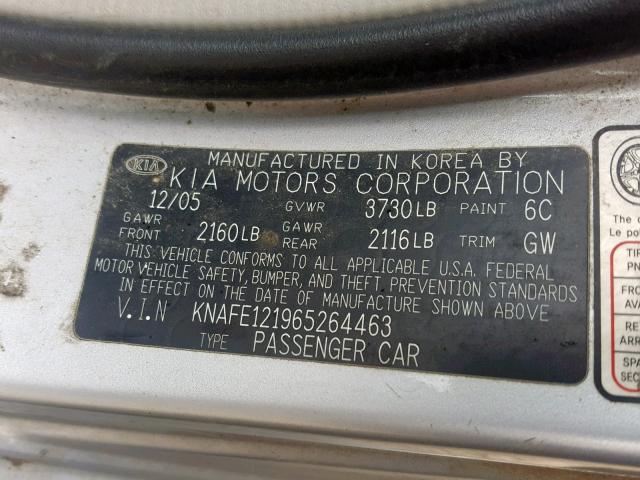 KNAFE121965264463 - 2006 KIA NEW SPECTR SILVER photo 10