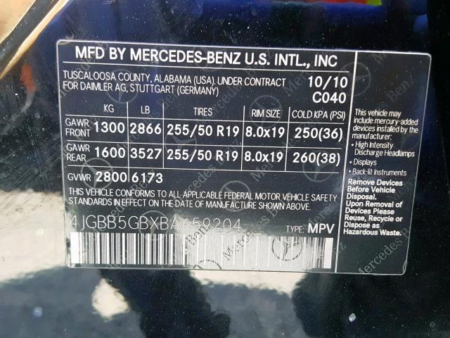 4JGBB5GBXBA659204 - 2011 MERCEDES-BENZ ML 350 BLACK photo 10