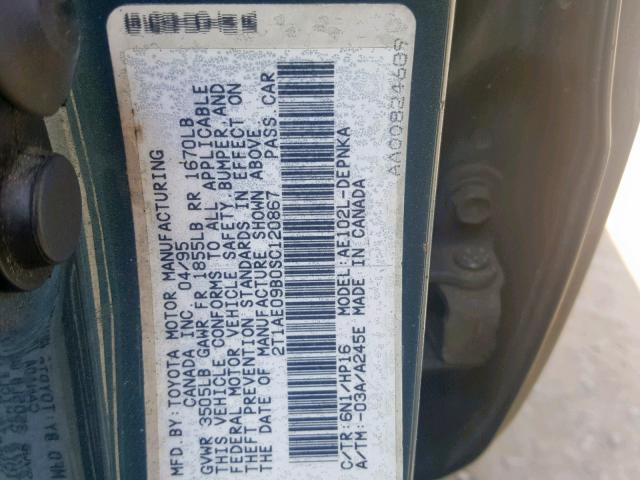 2T1AE09B0SC120867 - 1995 TOYOTA COROLLA LE GREEN photo 10