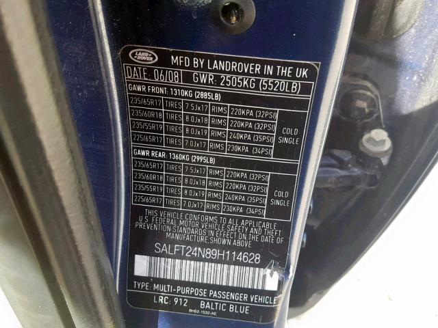 SALFT24N89H114628 - 2009 LAND ROVER LR2 HSE TE BLUE photo 10