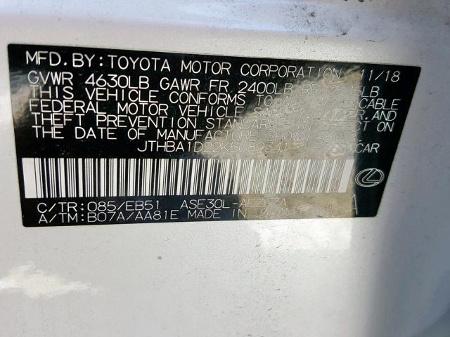 JTHBA1D22K5089341 - 2019 LEXUS IS 300 WHITE photo 10