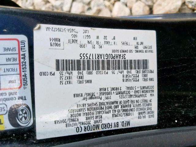 3FAHP0JG1AR117555 - 2010 FORD FUSION SEL BLACK photo 10