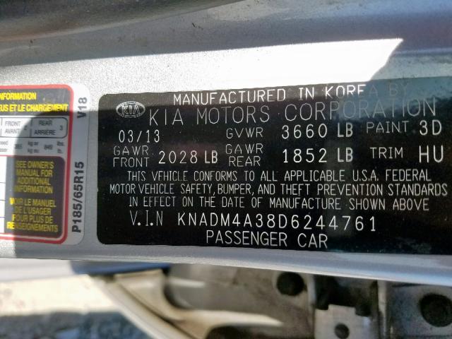 KNADM4A38D6244761 - 2013 KIA RIO LX SILVER photo 10