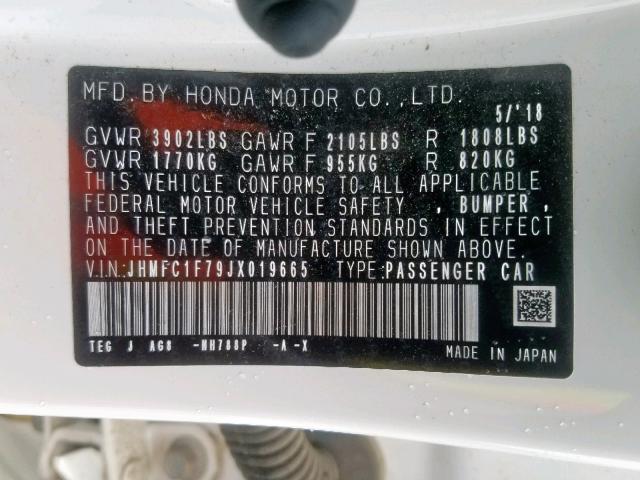 JHMFC1F79JX019665 - 2018 HONDA CIVIC EXL WHITE photo 10