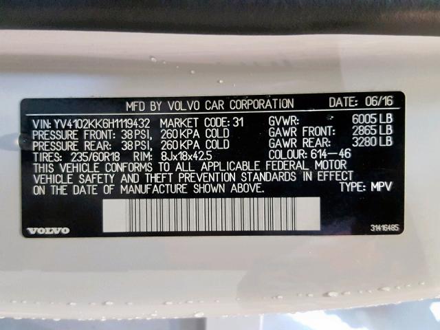 YV4102KK6H1119432 - 2017 VOLVO XC90 T5 WHITE photo 10