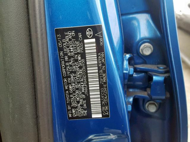 JTKKUPB4XD1036938 - 2013 TOYOTA SCION XD BLUE photo 10