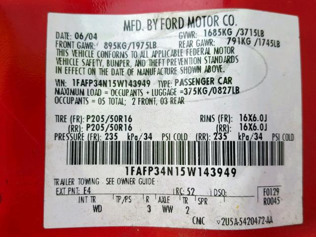 1FAFP34N15W143949 - 2005 FORD FOCUS ZX4 RED photo 10